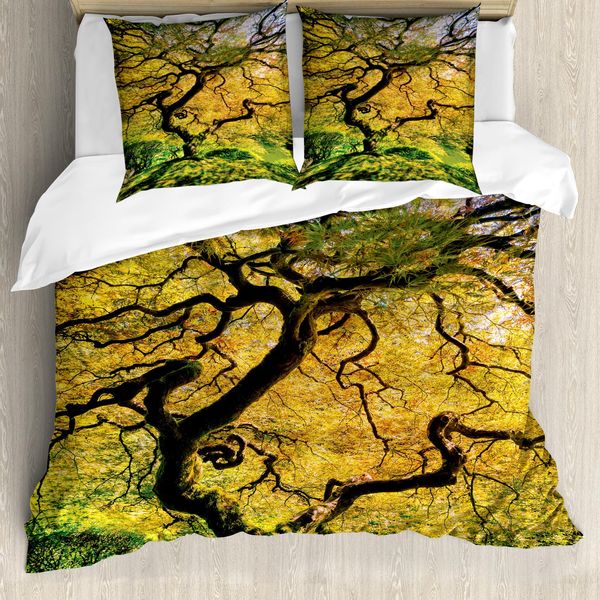 Abakuhaus Copripiumino Giapponese, Grande Acero Con Fiume, Antiacaro, Adatto A Chi Soffre Di Allergie, Con Federe, 200 Cm X 200 Cm - 80 X 80 Cm, Verde Giallo-image
