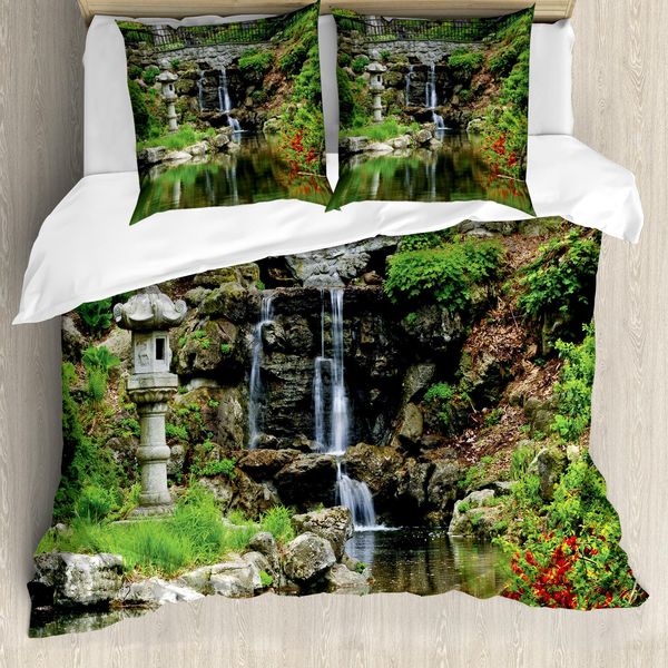 Abakuhaus Copripiumino Giapponese, Giardino Con Cascata, Antiacaro, Adatto A Chi Soffre Di Allergie, Con Federe, 200 Cm X 200 Cm - 80 X 80 Cm, Verde Bianco-image
