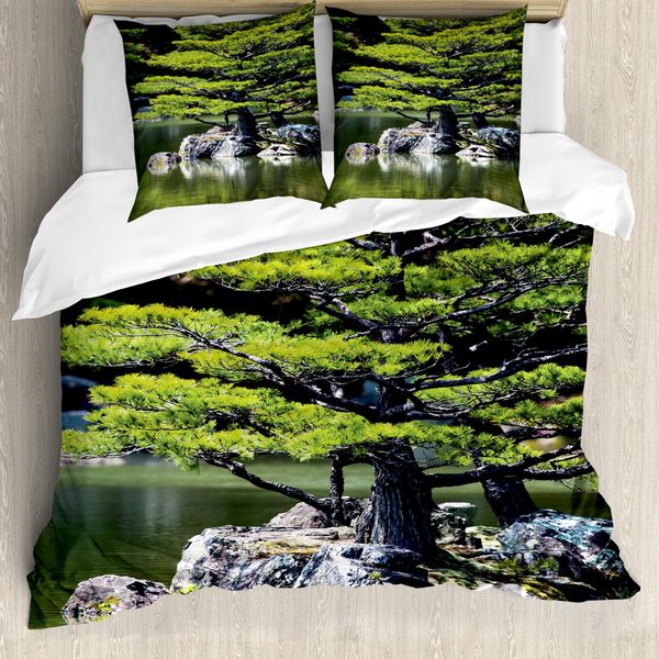 Abakuhaus Copripiumino Giapponese, Pino Nel Lago, Antiacaro, Adatto A Chi Soffre Di Allergie, Con Federe, 155 Cm X 220 Cm - 80 X 80 Cm, Verde-image