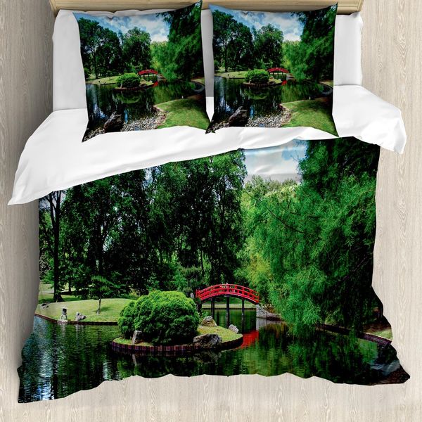 Abakuhaus Copripiumino Giapponese, Giardino Giapponese Lago, Antiacaro Adatto A Chi Soffre Di Allergie Con Federe, 155 Cm X 220 Cm - 80 X 80 Cm, Verde Blu-image