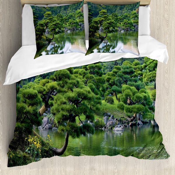 Abakuhaus Copripiumino Giapponese, Paesaggio Fluviale Con Alberi, Antiacaro, Adatto A Chi Soffre Di Allergie, Con Federe, 155 Cm X 220 Cm - 80 X 80 Cm, Verde-image
