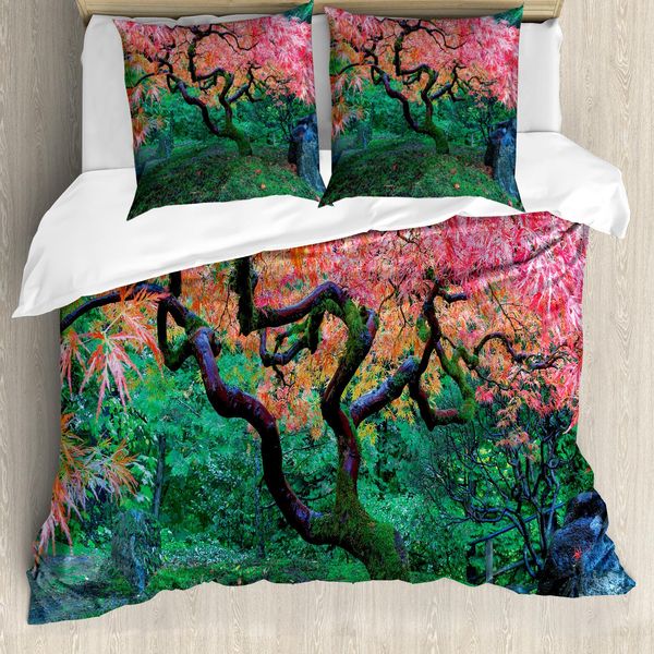 Abakuhaus Set Copripiumino Per Letto Matrimoniale, Foglie Rosse Nel Giardino, Antiacaro, Adatto A Chi Soffre Di Allergie, Con Federe, Verde-image