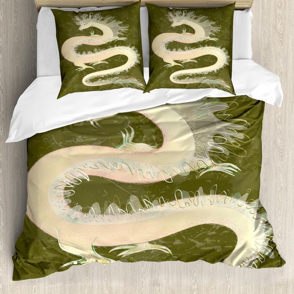 Abakuhaus Copripiumino Drago, Chinese Dragon Eastern, Antiacaro, Adatto A Chi Soffre Di Allergie, Con Federe, 200 Cm X 200 Cm - 80 X 80 Cm, Giallo E Verde-image