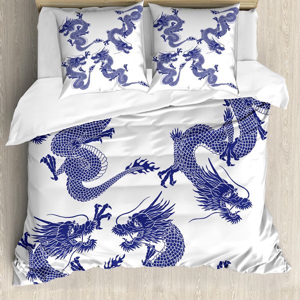 Abakuhaus Copripiumino Drago, Drago Mitico Giapponese, Antiacaro, Adatto A Chi Soffre Di Allergie, Con Federe, 155 Cm X 220 Cm - 80 X 80 Cm, Blu-image