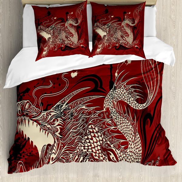 Abakuhaus Copripiumino Drago, Disegno Drago Giapponese, Antiacaro, Adatto A Chi Soffre Di Allergie, Con Federe, 155 Cm X 220 Cm - 80 X 80 Cm, Avorio E Rubino-image