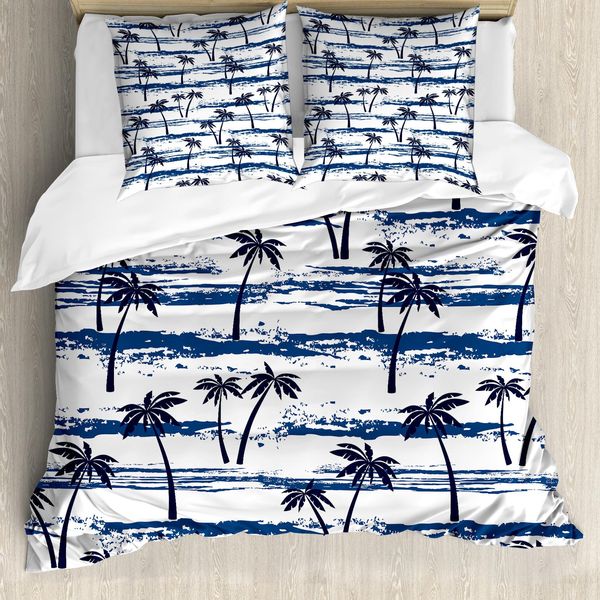 Abakuhaus Copripiumino Con Motivo Palme, Mare Romantico E Palme, Antiacaro, Adatto A Chi Soffre Di Allergie, Con Federe, 155 Cm X 220 Cm - 80 X 80 Cm, Blu Navy-image