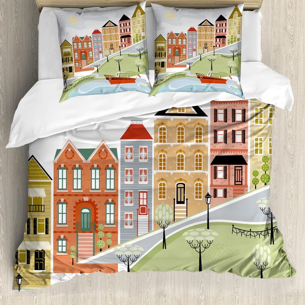 Abakuhaus Set Copripiumino Con Caricatura Per Letti Matrimoniali, Pittoresca Strada Di Paese, Antiacaro, Adatto A Chi Soffre Di Allergie, Con Federe, Anatra Verde-image
