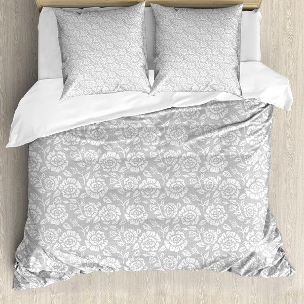 Abakuhaus Copripiumino Grigio, Fiori Vintage, Antiacaro, Adatto A Chi Soffre Di Allergie, Con Federe, 200 Cm X 200 Cm - 80 X 80 Cm, Verde Pallido-image