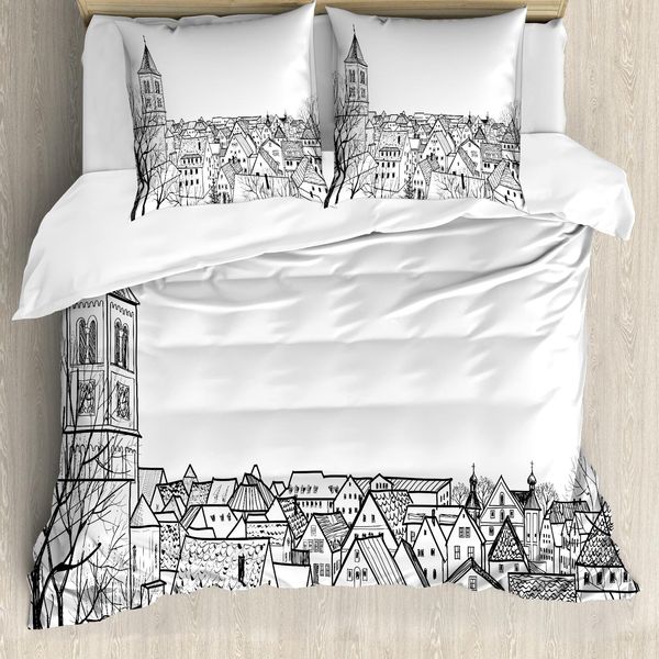 Abakuhaus Copripiumino Con Vista Della Città, Stile Sketch, Antiacaro, Adatto A Chi Soffre Di Allergie, Con Federe, 200 Cm X 200 Cm - 80 X 80 Cm, Bianco E Nero-image