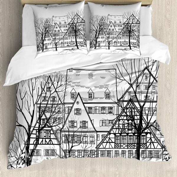 Abakuhaus Copripiumino Con Vista Urbana, Strada Europea, Antiacaro, Adatto A Chi Soffre Di Allergie, Con Federe, 200 Cm X 200 Cm - 80 X 80 Cm, Bianco E Nero-image