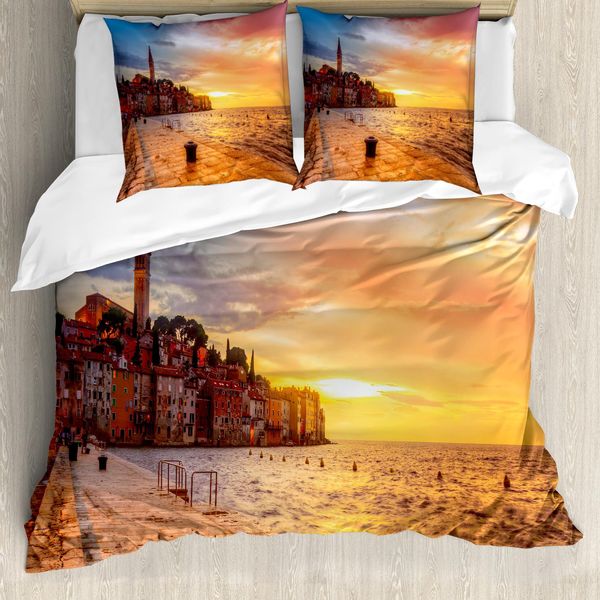 Abakuhaus Copripiumino Con Vista Sulla Città, Sunset KüSte , Antiacaro, Adatto A Chi Soffre Di Allergie, Con Federe, 155 Cm X 220 Cm - 80 X 80 Cm, Marrone Giallo-image