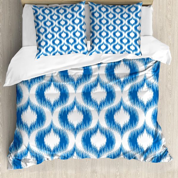 Abakuhaus Copripiumino Ikat, Motivi Damascati Sfocati, Antiacaro, Adatto A Chi Soffre Di Allergie, Con Federe, 155 Cm X 220 Cm - 80 X 80 Cm, Blu E Bianco-image