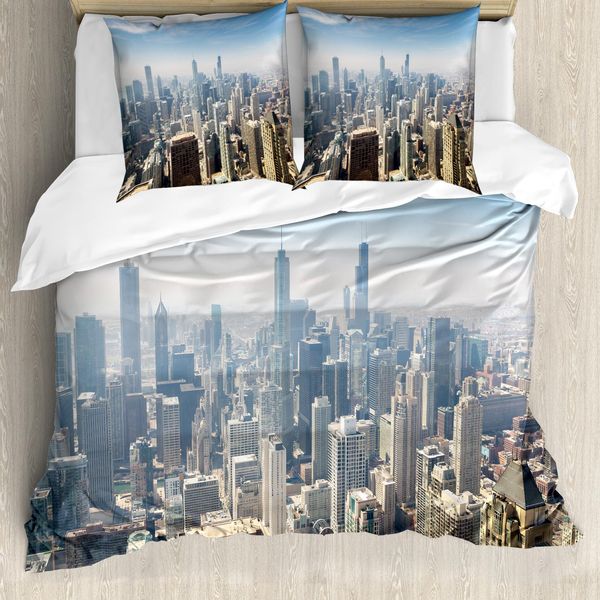 Abakuhaus Set Copripiumino Americano Per Letti Matrimoniali, Chicago Foto Aerea, Antiacaro Adatto A Chi Soffre Di Allergie Con Federe, Blu Bianco-image