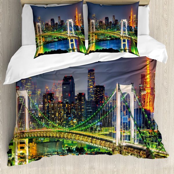 Abakuhaus Copripiumino Paesaggio, Tokyo Skyline Giapponese, Antiacaro, Adatto A Chi Soffre Di Allergie, Con Federe, 155 Cm X 220 Cm - 80 X 80 Cm, Verde Navy-image