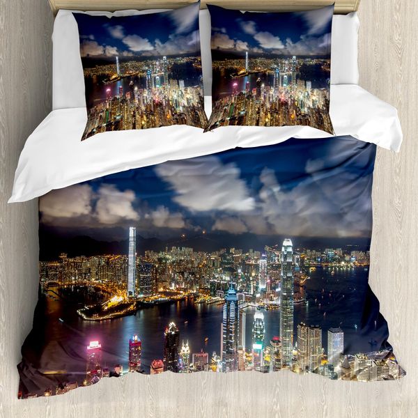 Abakuhaus Copripiumino Con Vista Della Città, Night View Hong Kong, Antiacaro, Adatto A Chi Soffre Di Allergie, Con Federe, 200 Cm X 200 Cm - 80 X 80 Cm, Blu Navy E Bianco-image