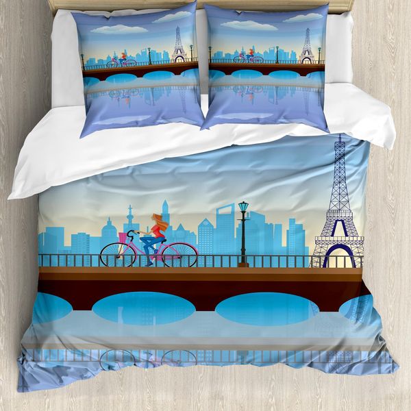 Abakuhaus Copripiumino Paesaggio, Torre Eiffel Cartoon, Antiacaro, Adatto A Chi Soffre Di Allergie, Con Federe, 200 Cm X 200 Cm - 80 X 80 Cm, Blu, Marrone,-image