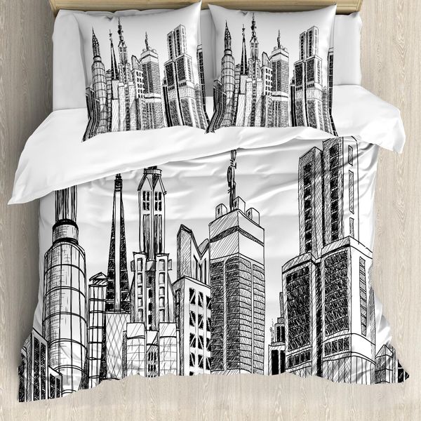 Abakuhaus Copripiumino Con Vista Della Città, Arte Architettonica Urbana, Antiacaro, Adatto A Chi Soffre Di Allergie, Con Federe, 200 Cm X 200 Cm - 80 X 80 Cm, Bianco E Nero-image