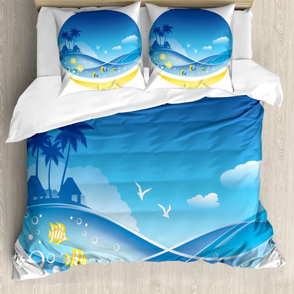 Abakuhaus Set Copripiumino Esotico Per Letti Matrimoniali, Caricatura Reversibile Mare, Antiacaro, Adatto A Chi Soffre Di Allergie, Con Federe, Blu Giallo-image