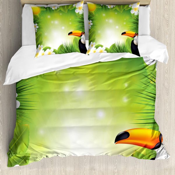 Abakuhaus Copripiumino Con Animali Tropicali, Exotic Jungle, Antiacaro, Adatto A Chi Soffre Di Allergie, Con Federe, 200 Cm X 200 Cm - 80 X 80 Cm, Verde Giallo-image