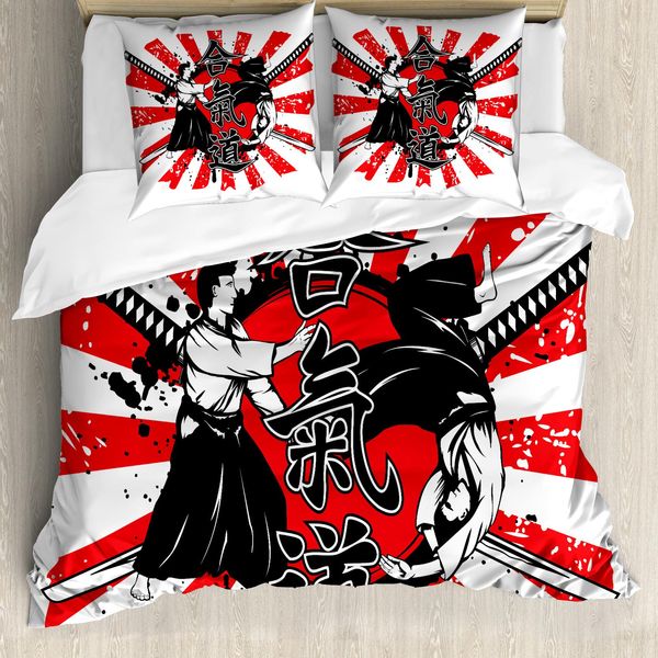 Abakuhaus Copripiumino Giapponese, Aikido Samurai-Kampf, Antiacaro, Adatto A Chi Soffre Di Allergie, Con Federe, 200 Cm X 200 Cm - 80 X 80 Cm, Arancione, Nero, Bianco-image