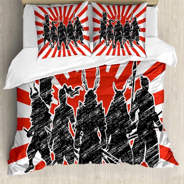 Abakuhaus Copripiumino Giapponese, Samurai Ninja Retro, Antiacaro, Adatto A Chi Soffre Di Allergie, Con Federe, 200 Cm X 200 Cm - 80 X 80 Cm, Rosso Nero-image