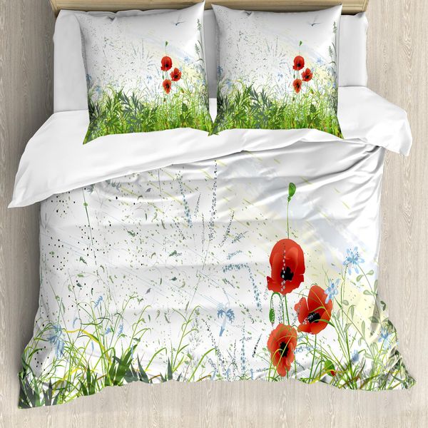 Abakuhaus Copripiumino Libellula, Libellula Con Papaveri Rossi, Antiacaro, Adatto A Chi Soffre Di Allergie, Con Federe, 200 Cm X 200 Cm - 80 X 80 Cm, Verde Rosso-image