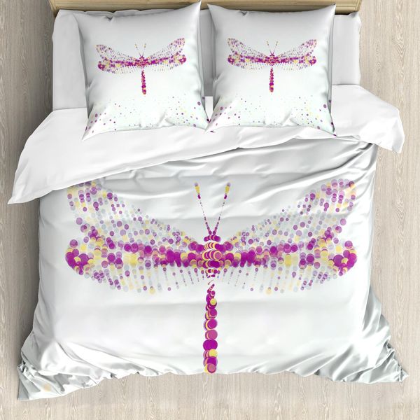 Abakuhaus Copripiumino Libelle, Mosche Dragonfly, Antiacaro, Adatto A Chi Soffre Di Allergie, Con Federe, 155 Cm X 220 Cm - 80 X 80 Cm, Viola, Giallo-image