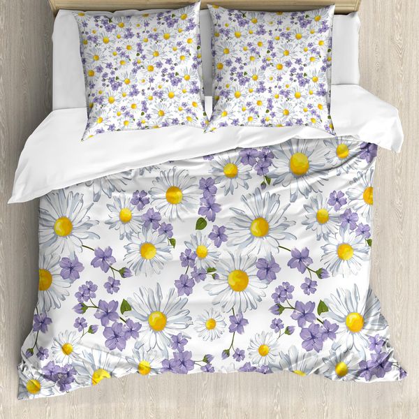 Abakuhaus Copripiumino Con Fiori, Fiori Selvatici In Fiore, Antiacaro, Adatto A Chi Soffre Di Allergie, Con Federe, 155 Cm X 220 Cm - 80 X 80 Cm, Bianco, Giallo, Viola-image