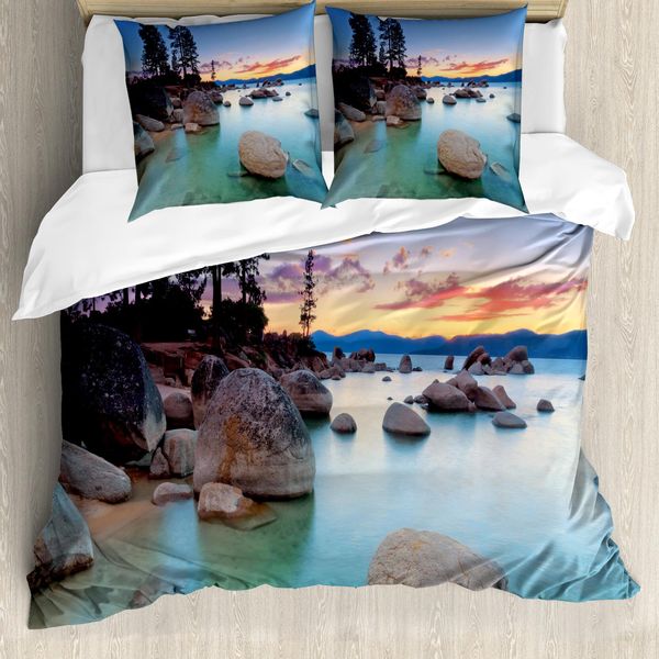 Abakuhaus Copripiumino See, Romantico Tramonto Sul Lago, Antiacaro, Adatto A Chi Soffre Di Allergie, Con Federe, 155 Cm X 220 Cm - 80 X 80 Cm, Blu Grigio-image
