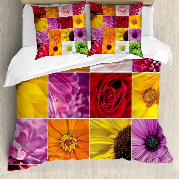 Abakuhaus Copripiumino Con Motivo Floreale, Fiori Colorati E Rose, Antiacaro E Anallergico, Con Federe, 200 Cm X 200 Cm - 80 X 80 Cm, Arancione, Giallo, Rosa-image