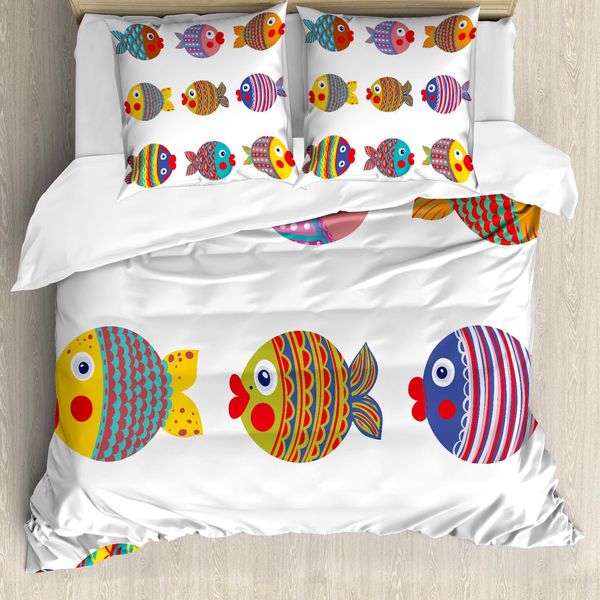 Abakuhaus Divertente Set Copripiumino Per Letti Matrimoniali, Famiglia Di Pesci Folcloristica, Antiacaro, Adatto A Chi Soffre Di Allergie, Con Federe, Multicolore-image