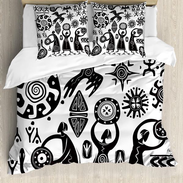 Abakuhaus Set Copripiumino Tribale Per Letti Matrimoniali, Antica Caverna Originaria, Antiacaro, Adatto A Chi Soffre Di Allergie, Con Federe, Bianco E Nero-image