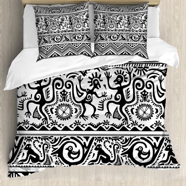 Abakuhaus Set Copripiumino Tribale Per Letti Matrimoniali, Disegni Rupestri Africani, Antiacaro, Adatto A Chi Soffre Di Allergie, Con Federe, Bianco E Nero-image
