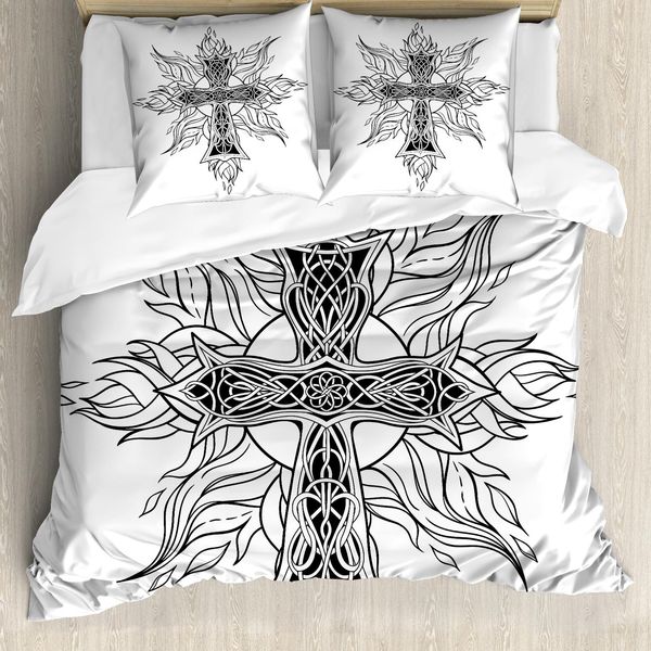 Abakuhaus Copripiumino Celtico, Motivo Gothic Flames, Antiacaro, Adatto A Chi Soffre Di Allergie, Con Federe, 155 Cm X 220 Cm - 80 X 80 Cm, Bianco E Nero-image