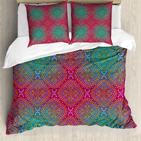 Abakuhaus Copripiumino Psichedelico, Fiori Boho Ombre, Antiacaro, Adatto A Chi Soffre Di Allergie, Con Federe, 200 Cm X 200 Cm - 80 X 80 Cm, Rosa Verde Acqua-image