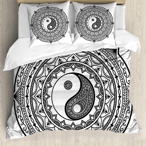 Abakuhaus Ying Yang Copripiumino, Ying Yang Asian, Antiacaro, Adatto A Chi Soffre Di Allergie, Con Federe, 155 Cm X 220 Cm - 80 X 80 Cm, Bianco E Nero-image