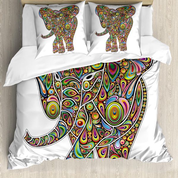 Abakuhaus Copripiumino Psichedelico, Arte Boho Con Elefanti, Antiacaro, Adatto A Chi Soffre Di Allergie, Con Federe, 155 Cm X 220 Cm - 80 X 80 Cm, Multicolore-image