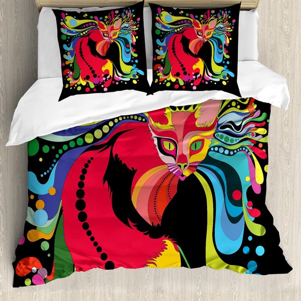 Abakuhaus Set Copripiumino Psichedelico Per Letti Matrimoniali, Gatto Astratto Colorato, Antiacaro, Adatto A Chi Soffre Di Allergie, Con Federe, Multicolore-image