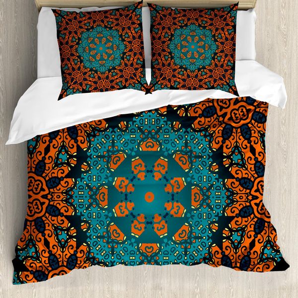 Abakuhaus Copripiumino Psichedelico, Floreale Boho Hippie, Antiacaro, Adatto A Chi Soffre Di Allergie, Con Federe, 200 Cm X 200 Cm - 80 X 80 Cm, Verde Acqua Arancione-image