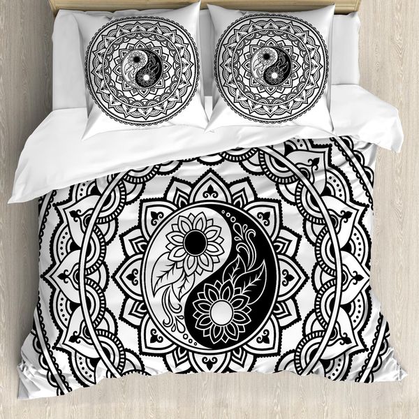 Abakuhaus Ying Yang Copripiumino, Eastern Blossom Yin Yang, Antiacaro, Adatto A Chi Soffre Di Allergie, Con Federe, 200 Cm X 200 Cm - 80 X 80 Cm, Bianco E Nero-image