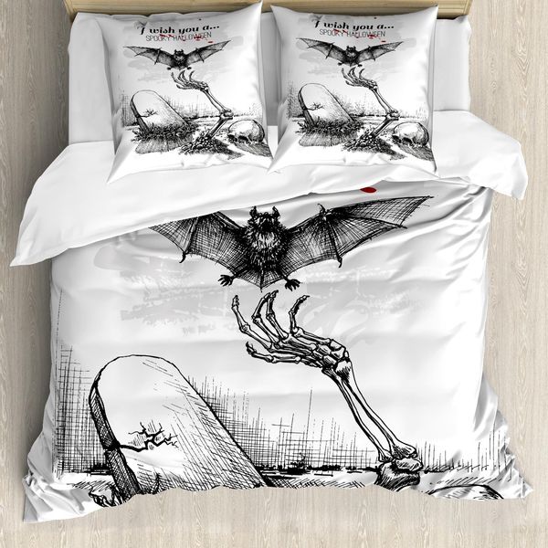 Copripiumino Abakuhaus Halloween, Teschi E Zombie, Antiacaro, Adatto A Chi Soffre Di Allergie, Con Federe, 200 Cm X 200 Cm - 80 X 80 Cm, Bianco E Nero-image