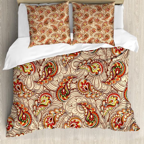 Abakuhaus Set Copripiumino Paisley Per Letti Matrimoniali, Foglie Etniche, Antiacaro, Adatto A Chi Soffre Di Allergie, Con Federe, Beige E Rosso-image