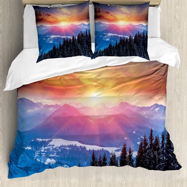 Abakuhaus Copripiumino Invernale, Tramonto In Montagna, Antiacaro, Adatto A Chi Soffre Di Allergie, Con Federe, 155 Cm X 220 Cm - 80 X 80 Cm, Arancione Blu-image