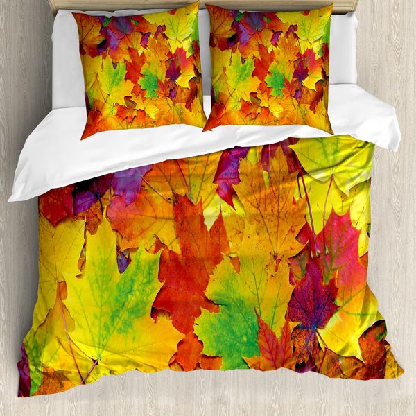 Abakuhaus Copripiumino, Foglie D'acero Colorate, Antiacaro, Adatto A Chi Soffre Di Allergie, Con Federe, 155 Cm X 220 Cm - 80 X 80 Cm, Giallo Viola-image