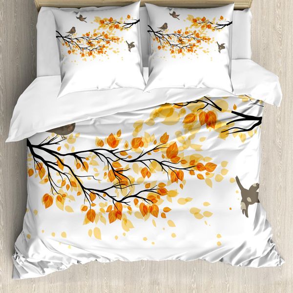 Abakuhaus Copripiumino Fallen, Uccelli In Volo E Foglie, Antiacaro, Adatto A Chi Soffre Di Allergie, Con Federe, 155 Cm X 220 Cm - 80 X 80 Cm, Giallo-Crema-image