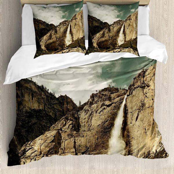 Abakuhaus Copripiumino Yosemite, Cascata Yosemite Park, Antiacaro Adatto A Chi Soffre Di Allergie Con Federe, 200 Cm X 200 Cm - 80 X 80 Cm, Marrone Verde Reseda-image