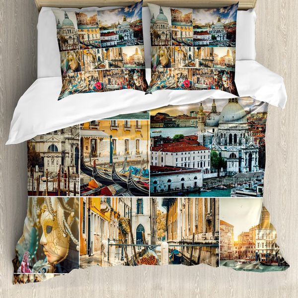 Abakuhaus Copripiumino Da Viaggio, Panorama Di Venezia Canal, Antiacaro, Adatto A Chi Soffre Di Allergie, Con Federe, 155 Cm X 220 Cm - 80 X 80 Cm, Multicolore-image