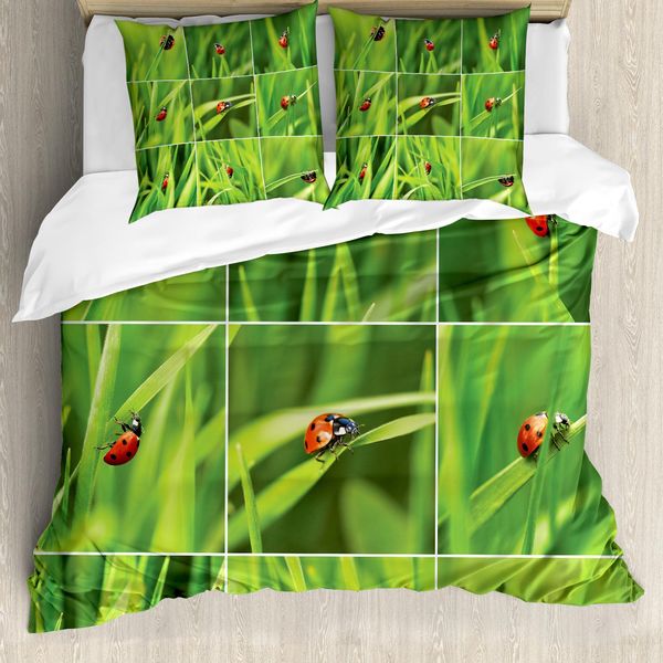 Abakuhaus Copripiumino Con Coccinelle, Coccinelle Sull'erba Fresca, Antiacaro, Adatto A Chi Soffre Di Allergie, Con Federe, 200 Cm X 200 Cm - 80 X 80 Cm, Verde Rosso-image