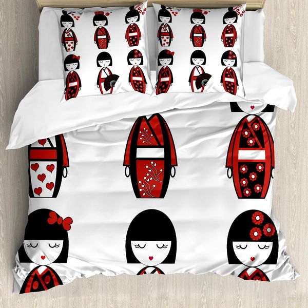 Abakuhaus Copripiumino Etnico, Bambole Geisha Folkloric, Antiacaro, Adatto A Chi Soffre Di Allergie, Con Federe, 155 Cm X 220 Cm - 80 X 80 Cm, Nero Rosso-image
