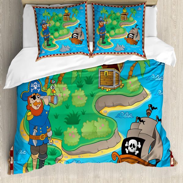 Abakuhaus Set Copripiumino Per Letti Matrimoniali, Divertente Isola Con Nave Pirata, Antiacaro, Adatto A Chi Soffre Di Allergie, Con Federe, Multicolore-image